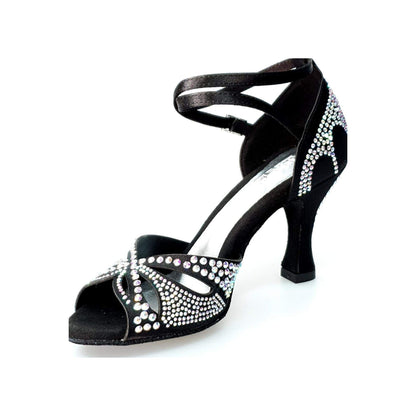 Scarpa da ballo in raso seta nera Wish Dance Shop con Swarovski e tacco a rocchetto, elegante e raffinata.