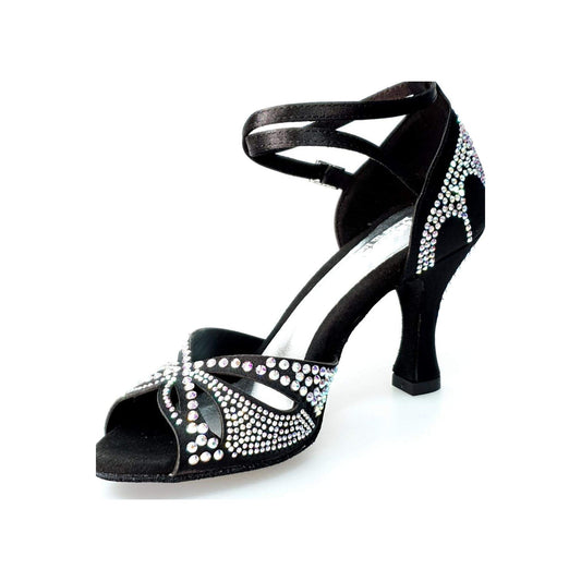 Scarpa da ballo in raso seta nera Wish Dance Shop con Swarovski e tacco a rocchetto, elegante e raffinata.