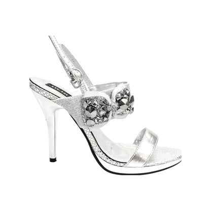 Sandalo con plateau e tacco a spillo largo DEMY Plt Silver F99 di Wish Dance Shop, dettaglio di suola e cinturino in argento