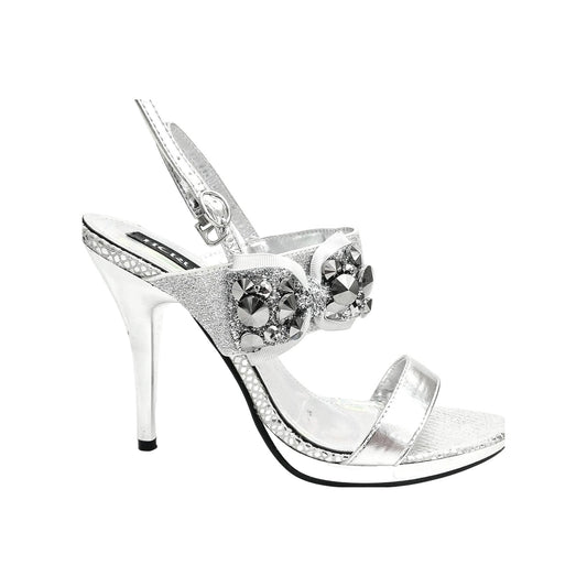 Sandalo con plateau e tacco a spillo largo DEMY Plt Silver F99 di Wish Dance Shop, dettaglio di suola e cinturino in argento