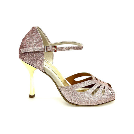 Scarpa da ballo DADA Diamond (L5) in glitter sabbia con tacco a stiletto, elegante e brillante, marca Wish Dance Shop.