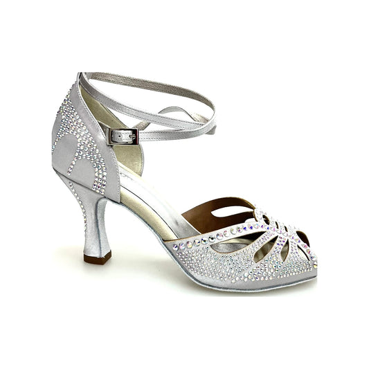 Scarpa da ballo donna DADA Diamond QB in raso argento con cinturino incrociato e dettagli Swarovski Boreali