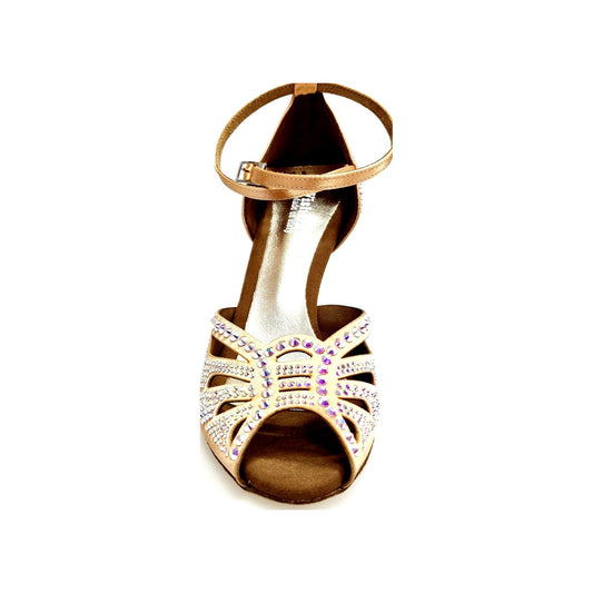 Scarpa da ballo donna DADA Diamond QB in raso carne con cinturino incrociato, Swarovski, tacco quadrato laminato oro.