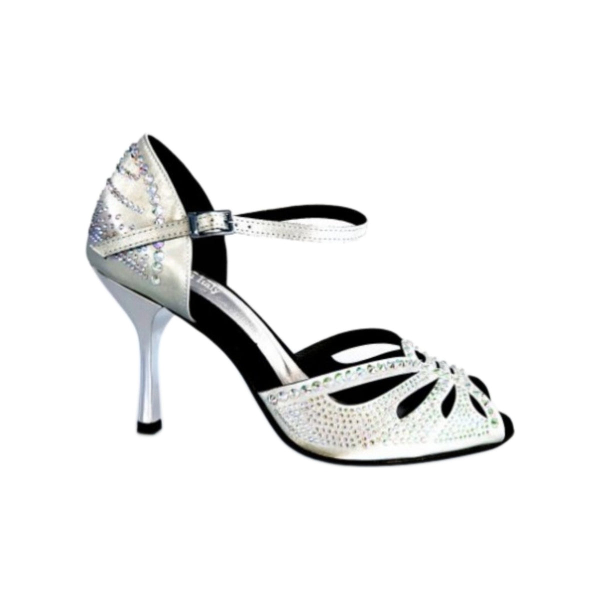 Scarpa da ballo DADA Diamond QA in raso grigio argento con Swarovski Boreali e tacco stiletto laminato argentato.