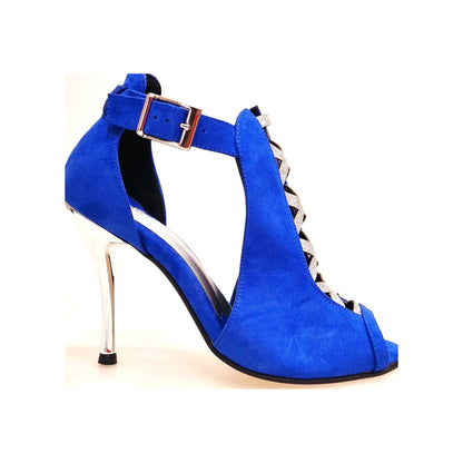 Scarpa da donna DINKA Wish Dance Shop in camoscio blu royal, glitter argento, tacco a spillo laminato argentato.