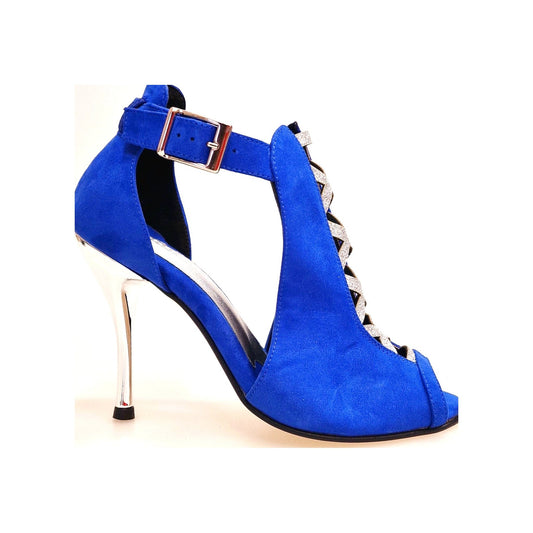 Scarpa da donna DINKA Wish Dance Shop in camoscio blu royal, glitter argento, tacco a spillo laminato argentato.