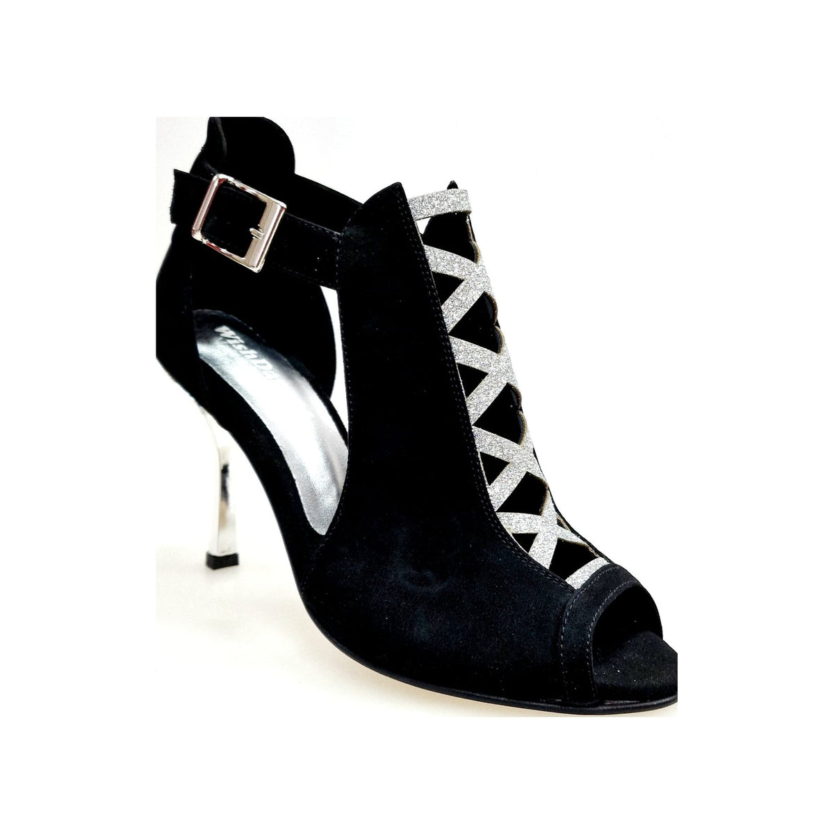 Scarpa da donna DINKA Wish Dance Shop in camoscio nero con inserti glitter argento, tacco squadrato sottile laminato argento