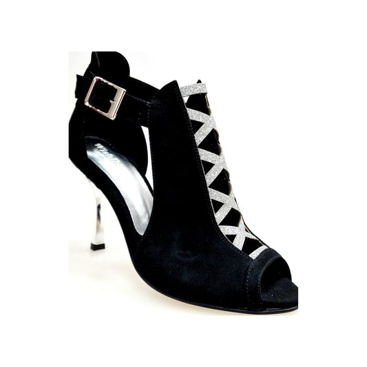 Scarpa da donna DINKA Wish Dance Shop in camoscio nero con inserti glitter argento, tacco squadrato sottile laminato argento