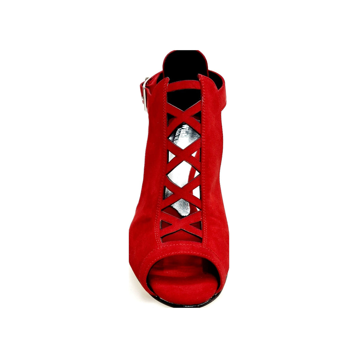 Scarpa da Donna in Camoscio Rosso e Tacco a Stiletto Squadrato Sottile in Alluminio Laminato Argento DINKA, vista laterale