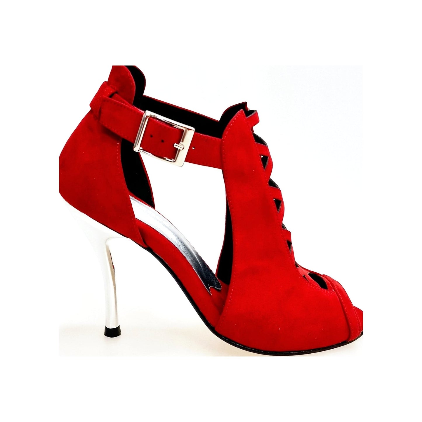 Scarpa da Donna in Camoscio Rosso Vivo inserto collopiede in Camoscio Rosso Vivo Tacco a Spillo Laminato, vista laterale