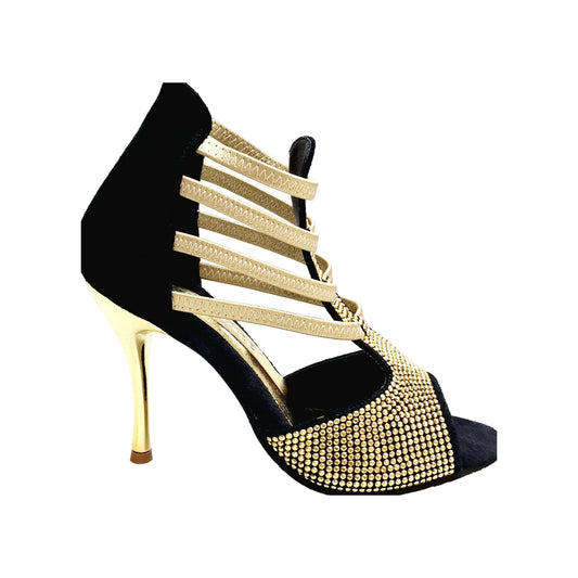 Sandalo donna DORA 460PW in camoscio nero con elastici e dettagli oro, tacco a spillo laminato oro, borchiette dorate.