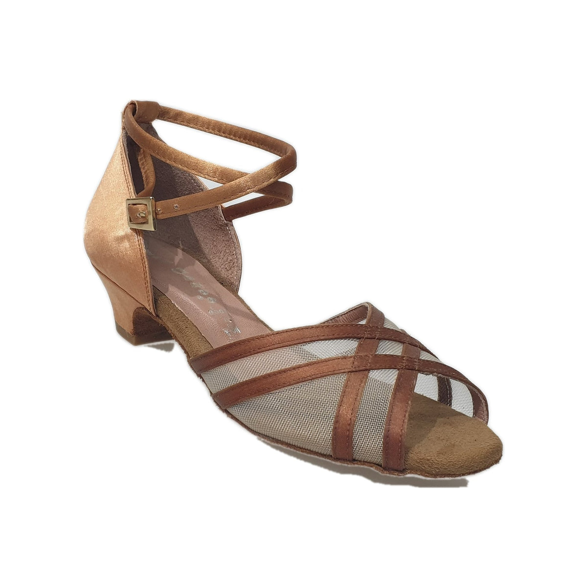 Scarpa da ballo per bambina DORINA QB con strisce in raso bronzo e dettagli in retina, ideale per danza e coreografie.
