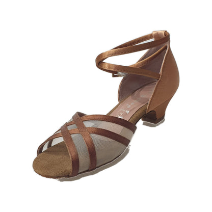 Scarpa da ballo per bambina DORINA QB con strisce in raso bronzo e dettagli in retina, scarpa base per danza.