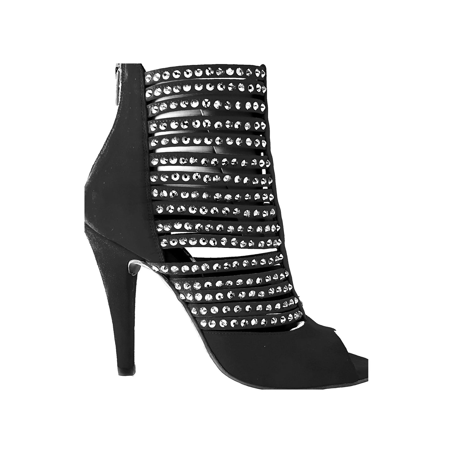 Sandalo Elizabeth Plus da donna in camoscio nero con dettagli Swarovski Boreali, design tronchetto, Wish Dance Shop.