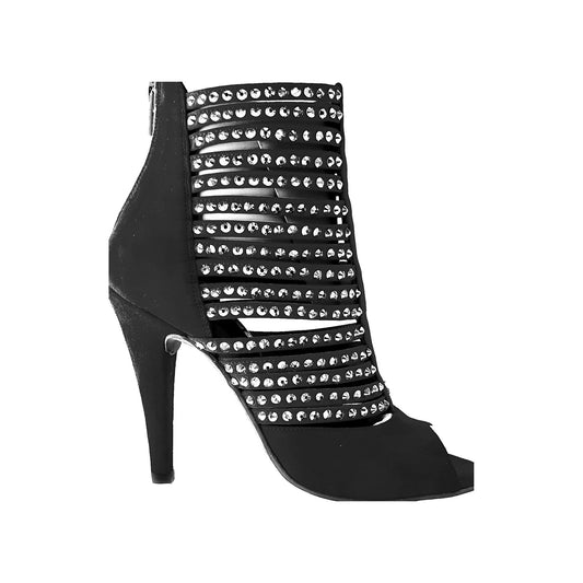 Sandalo Elizabeth Plus da donna in camoscio nero con dettagli Swarovski Boreali, design tronchetto, Wish Dance Shop.