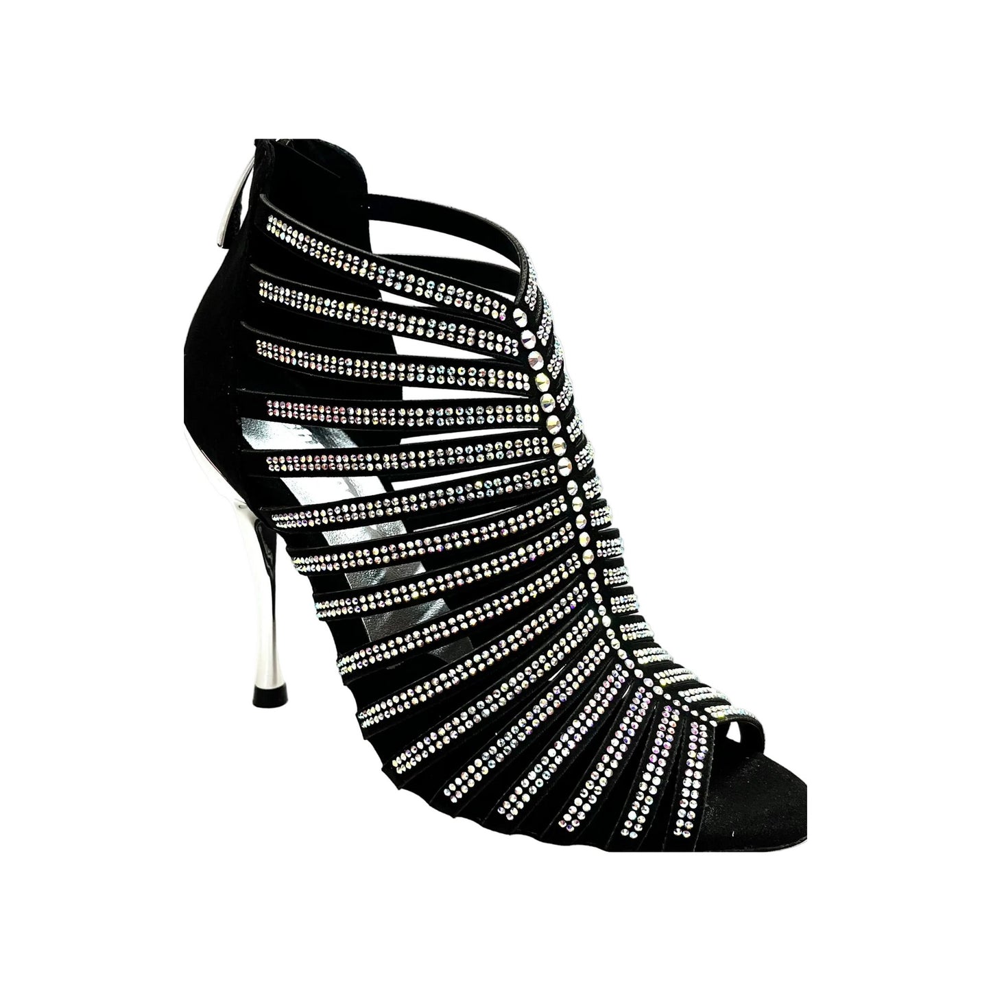 Sandalo a Tronchetto Da Donna in Raso Seta Nero Con Swarovski Boreali e Tacco a Spillo Laminato Argento ELSY, vista laterale
