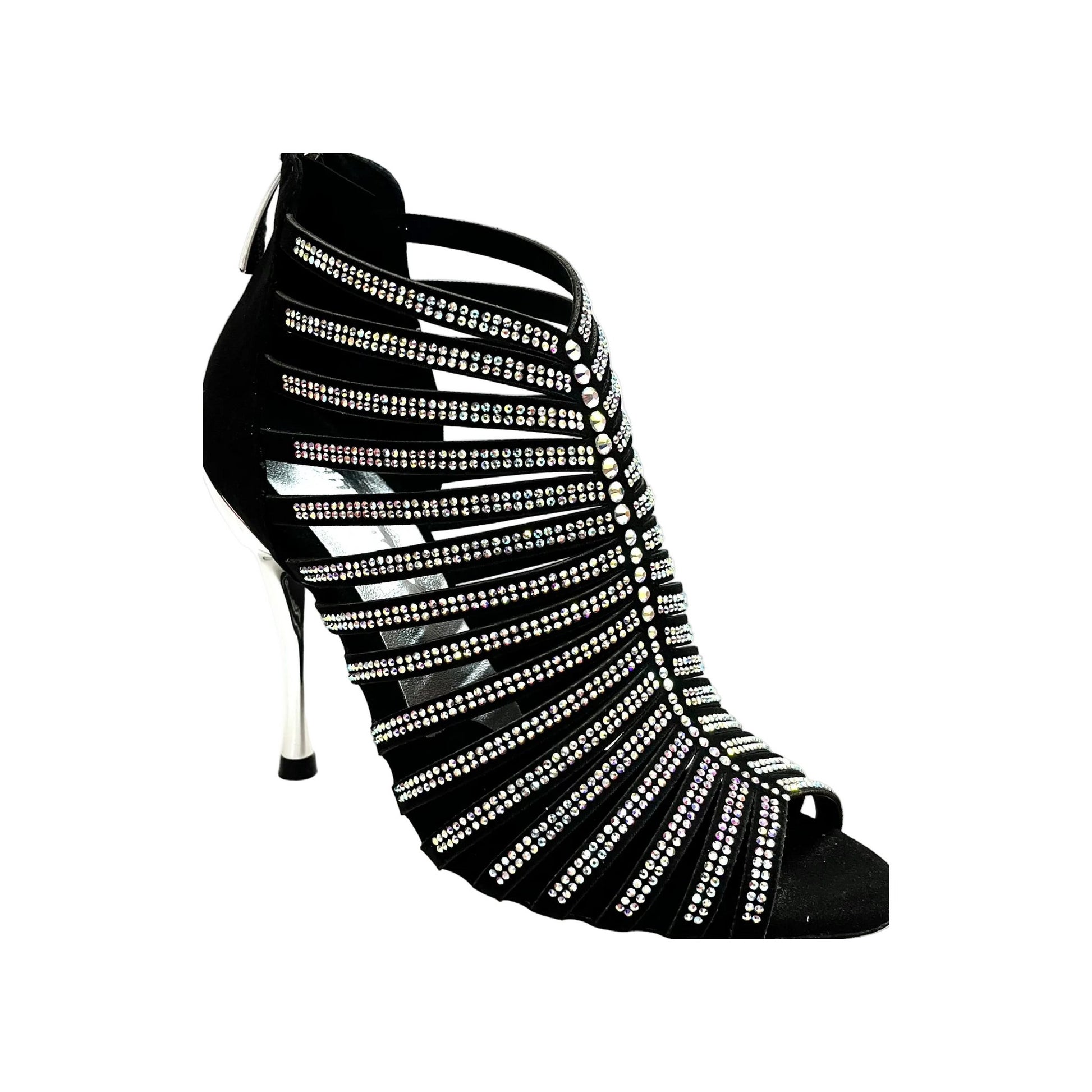 Sandalo a Tronchetto Da Donna in Raso Seta Nero Con Swarovski Boreali e Tacco a Spillo Laminato Argento ELSY, vista laterale