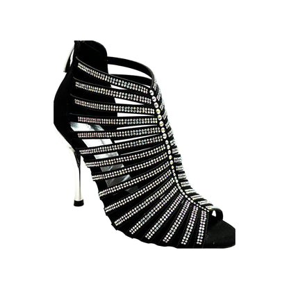 Sandalo a Tronchetto Da Donna in Raso Seta Nero Con Swarovski Boreali e Tacco a Spillo Laminato Argento ELSY, vista laterale