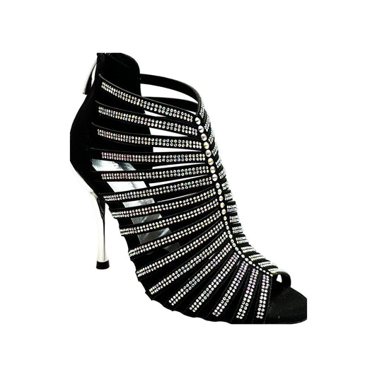 Sandalo a Tronchetto Da Donna in Raso Seta Nero Con Swarovski Boreali e Tacco a Spillo Laminato Argento ELSY, vista laterale