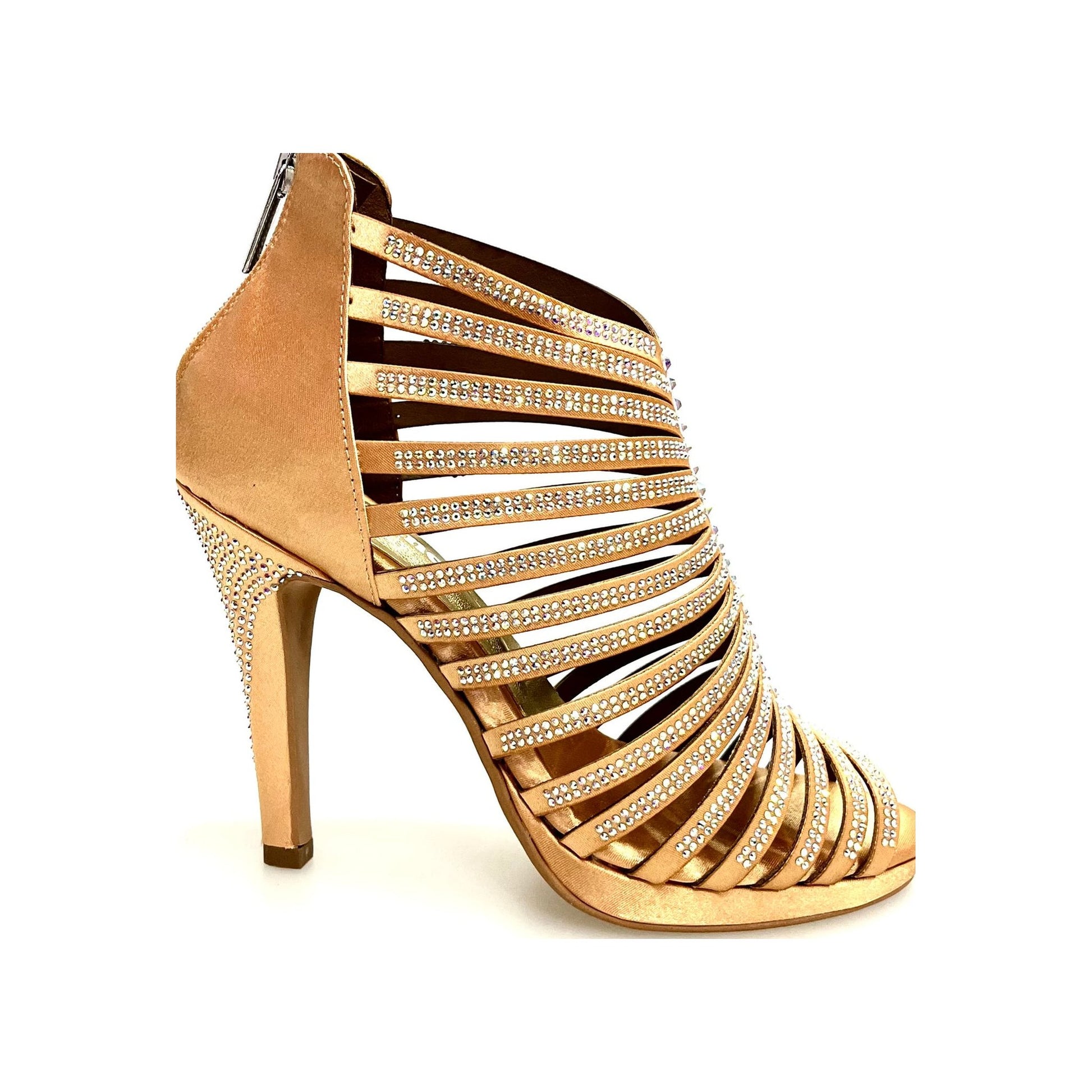 Sandalo a tronchetto Elsa Plus Wish Dance Shop in raso seta carne con Swarovski Boreali, plateau flex e tacco alto largo.