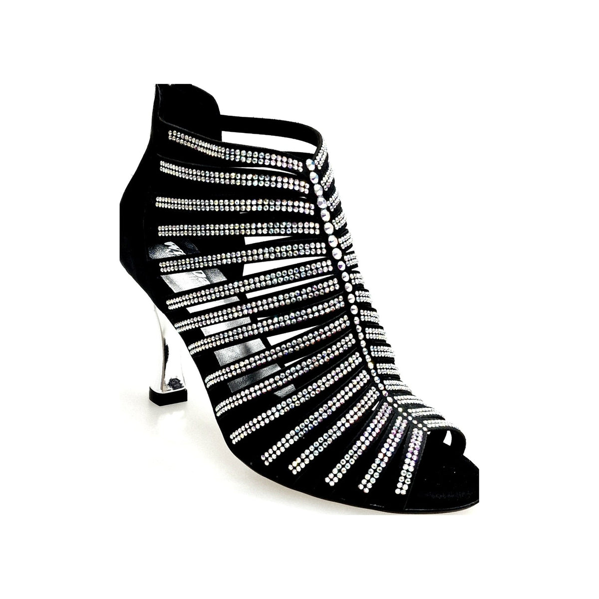 Sandalo a Tronchetto Da Donna in Raso Seta Nero Con Swarovski Boreali e Tacco a Rocchetto Laminato Argento, vista laterale