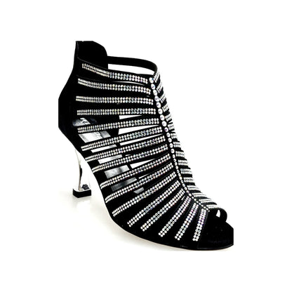 Sandalo a Tronchetto Da Donna in Raso Seta Nero Con Swarovski Boreali e Tacco a Rocchetto Laminato Argento, vista laterale