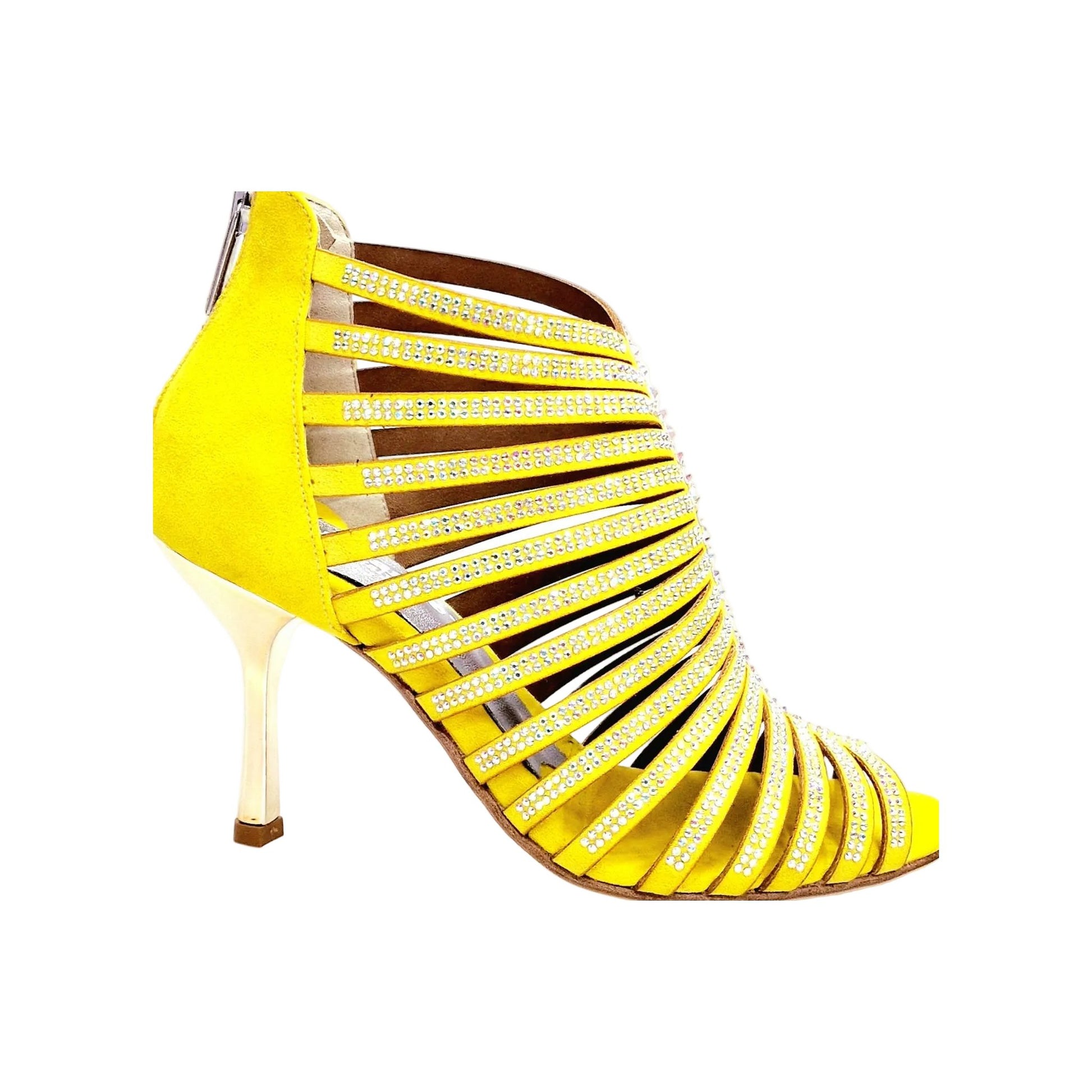 Sandalo a Tronchetto Da Donna in Morbido Camoscio Giallo Con Swarovski Boreali e Tacco a Stiletto Squadrato, vista laterale