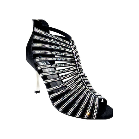 Sandalo a Tronchetto Da Donna in Raso Seta Nero Con Swarovski Boreali e Tacco a Stiletto Squadrato Sottile, vista laterale