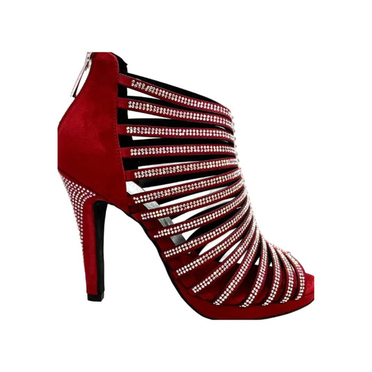 Sandalo a tronchetto donna ELSY Plus in camoscio rosso con Swarovski Boreali, plateau e tacco alto a spillo largo.