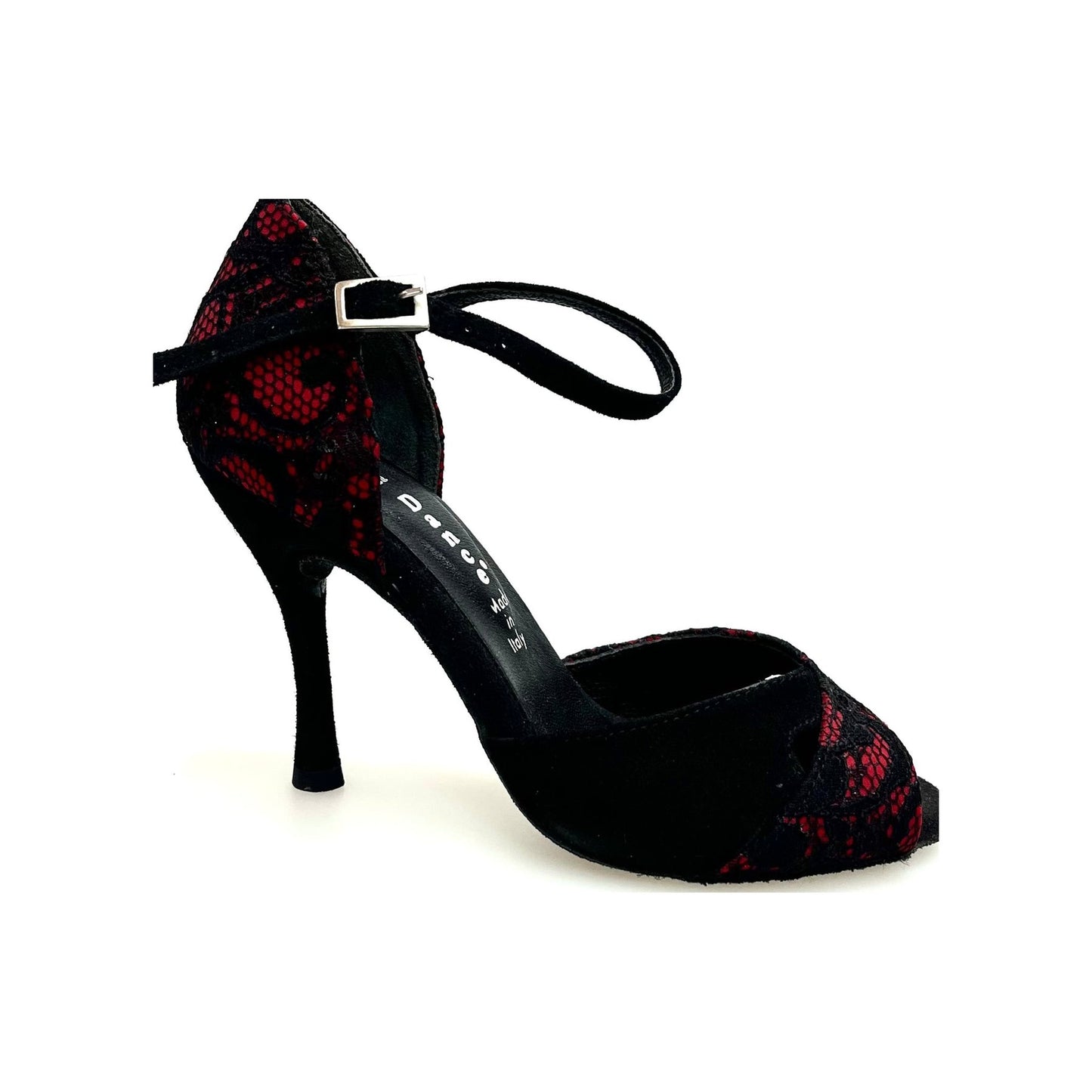 Scarpa da donna Ely QA Wishdance in pizzo fiore nero con base in raso rosso e camoscio nero, dettagli eleganti e femminili