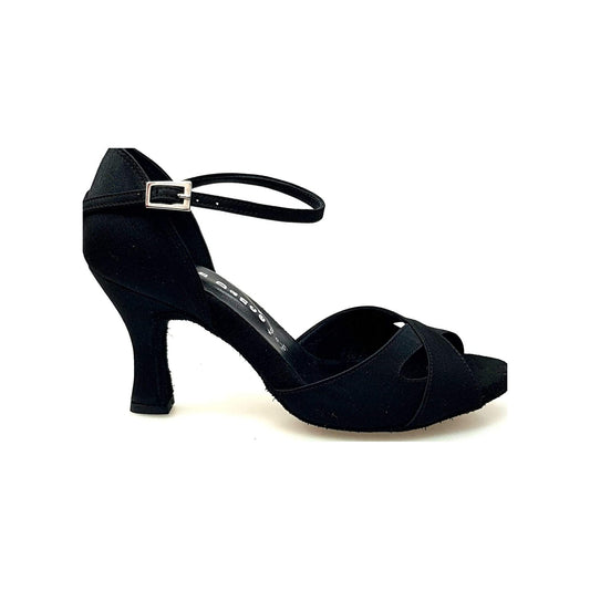 Scarpa da ballo donna Ely QA in raso nero con cinturino singolo e tacco basso a rocchetto, marca Wish Dance Shop.