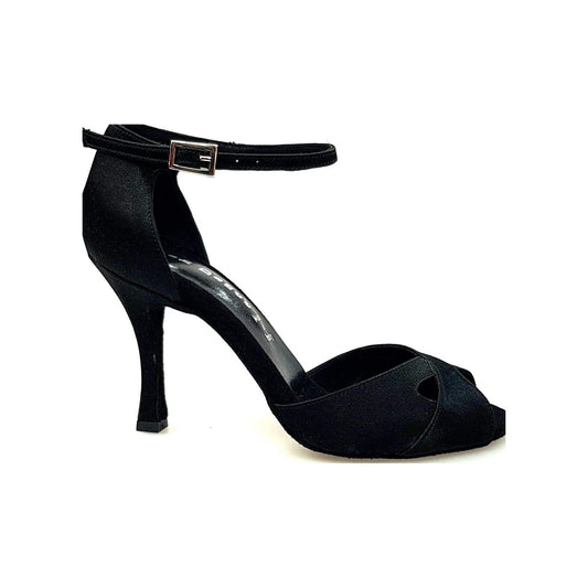 Scarpa da donna Ely QA in raso nero con cinturino singolo e tacco rocchetto, marca Wishdance.