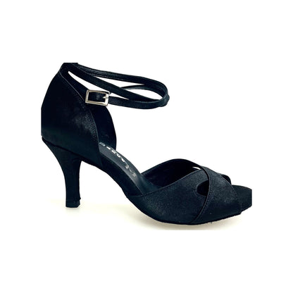 Scarpa da donna Ely QB Wish Dance Shop in raso nero con cinturino doppio alla caviglia e tacco largo a spillo.