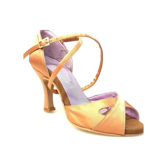 Scarpa Wishdance Ely QC donna in raso carne con cinturino incrociato sul collo, piede e tacco rocchetto elegante.