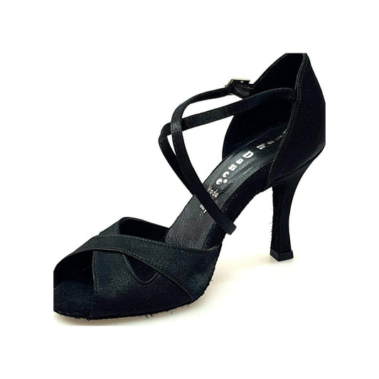 Scarpa Wishdance Ely QC in raso nero con cuscino memorex, cinturino incrociato e tacco rocchetto, vista frontale.