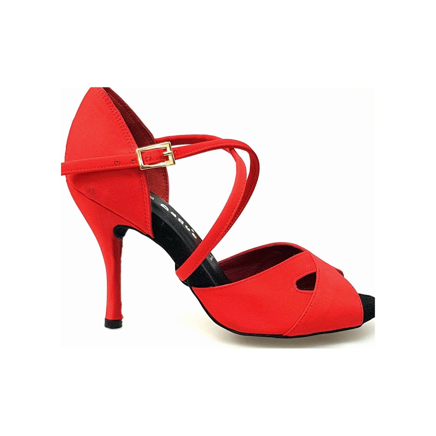 Scarpa donna Ely QC in raso di seta rossa con cinturino incrociato, tacco a spillo e cuscino memorex, stile elegante.