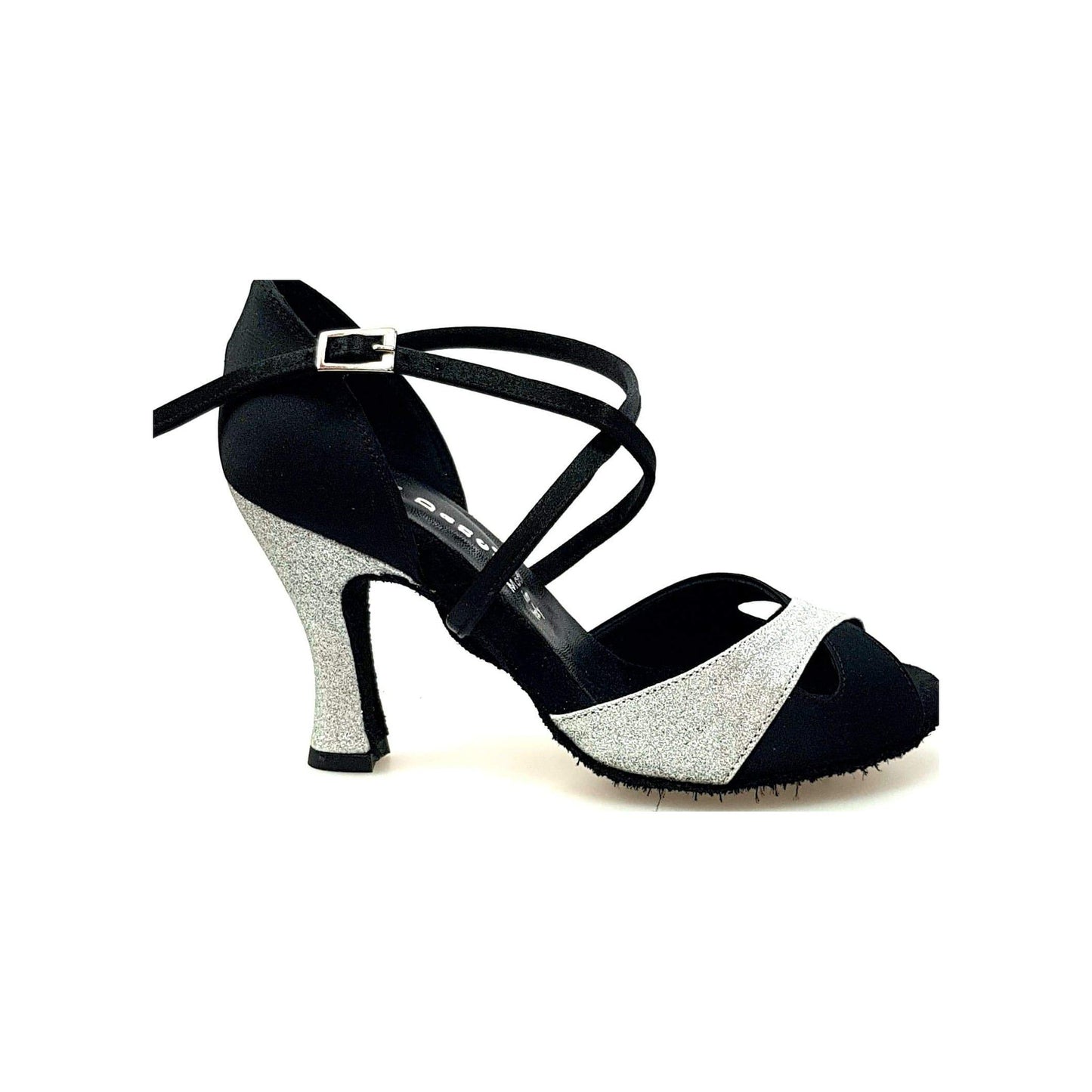 Scarpa da donna Ely QC in raso nero e glitter argento con cinturino incrociato e tacco rocchetto, elegante e raffinata.