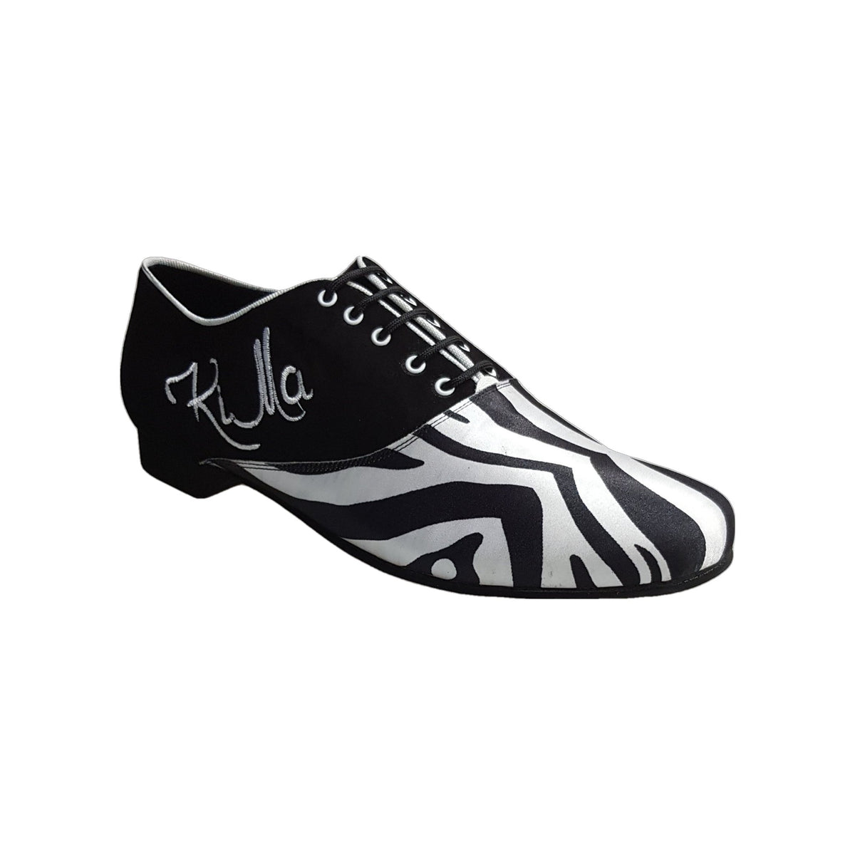Scarpa da uomo Esteban MS07 KIMA, stringata Oxford in camoscio nero e raso seta bianco con ricamo zebrato, forma tonda