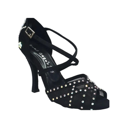 Eveline QC (1538QC) SW - Scarpa Ballo Da Donna Con Retina in Raso Seta Nera Con cinturini incrociati sul, vista frontale