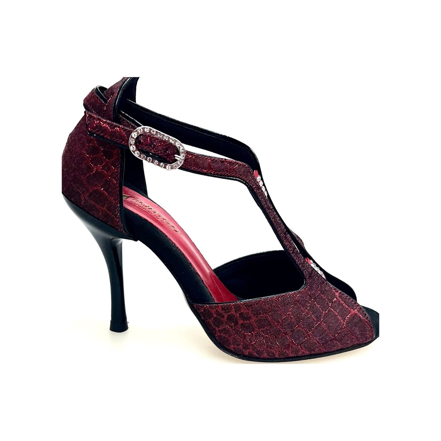 Scarpa da donna Fascino 401 in Sunset rosso con dettagli neri, tacco a spillo smaltato nero, elegante e alla moda.