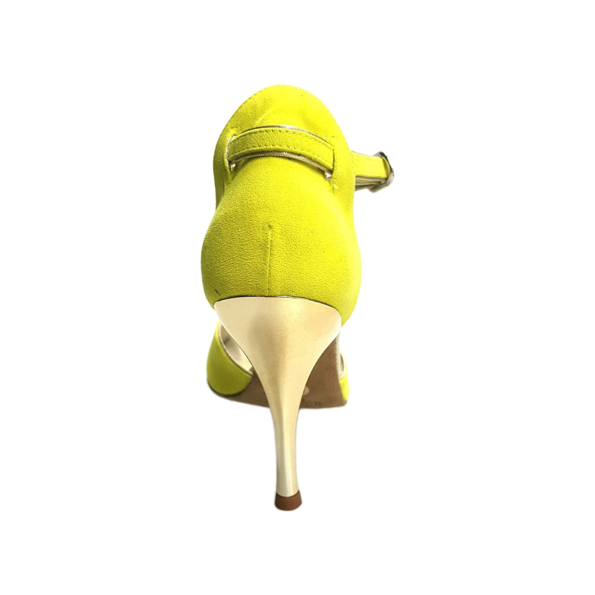 Scarpa da donna Wishdance Fascino (401) in camoscio giallo lemon con dettagli oro e tacco laminato oro.