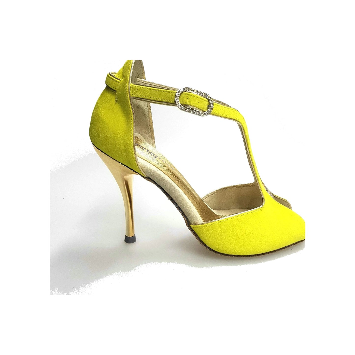 Scarpa donna Fascino (401) Wishdance in camoscio giallo lemon con profili oro e tacco laminato oro.