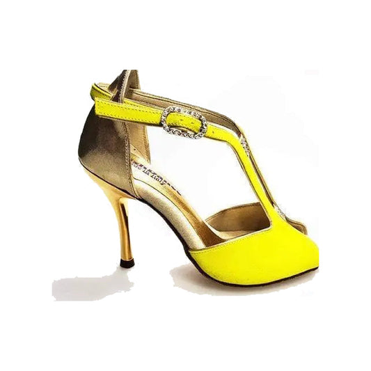 Scarpa donna Fascino (401) in camoscio giallo lemon con tacco in lurex oro, marca Wishdance, stile elegante e colorato