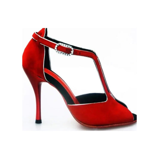 Sandalo donna Fascino (401) Wishdance in camoscio rosso vivo con profili argento e tacco smaltato rosso.