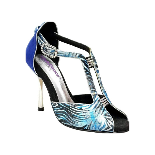 Scarpa da Donna in Jungla Blu e tallone in Camoscio Blu Tacco a Spillo Laminato Argento Fascino Wish Dance, vista laterale