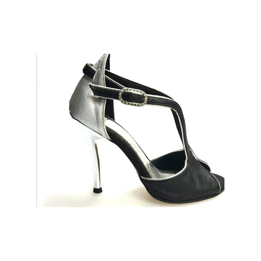 Scarpa da donna Wishdance ELIDE 401 in pelle nera e lurex argento, elegante e lucida, con design alla moda.