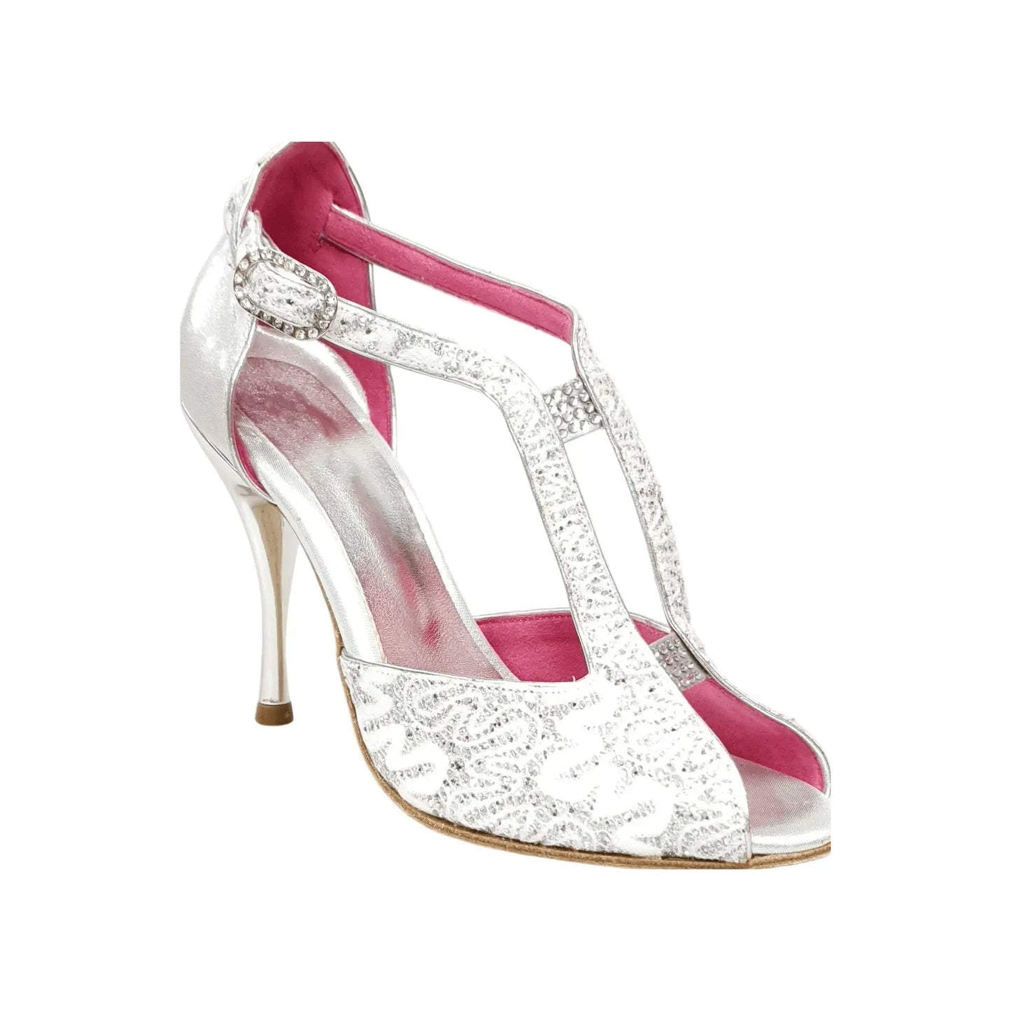 Scarpa da Donna in Pizzo Bianco misto a Glitter Argento Tallone in Lurex Argento Tacco a Spillo Laminato, vista laterale