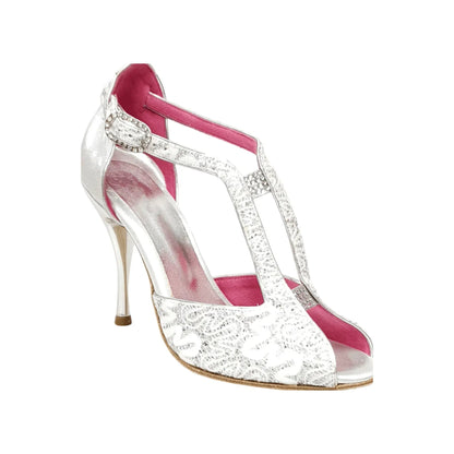 Scarpa da Donna in Pizzo Bianco misto a Glitter Argento Tallone in Lurex Argento Tacco a Spillo Laminato, vista laterale