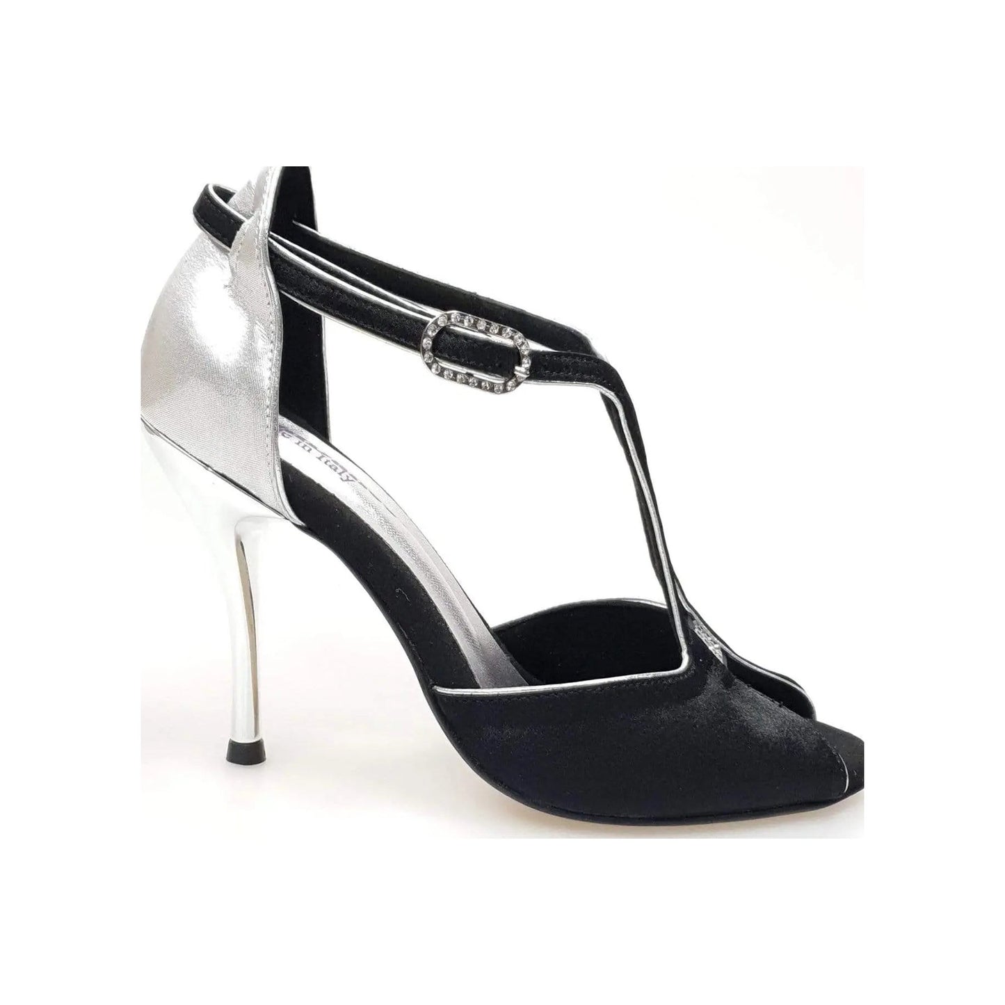 Scarpa da donna Wishdance ELIDE (401) in raso nero e lurex argento, elegante e lucente, con dettagli raffinati.