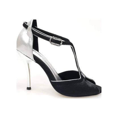 Scarpa da donna Wishdance ELIDE (401) in raso nero e lurex argento, elegante e lucente, con dettagli raffinati.